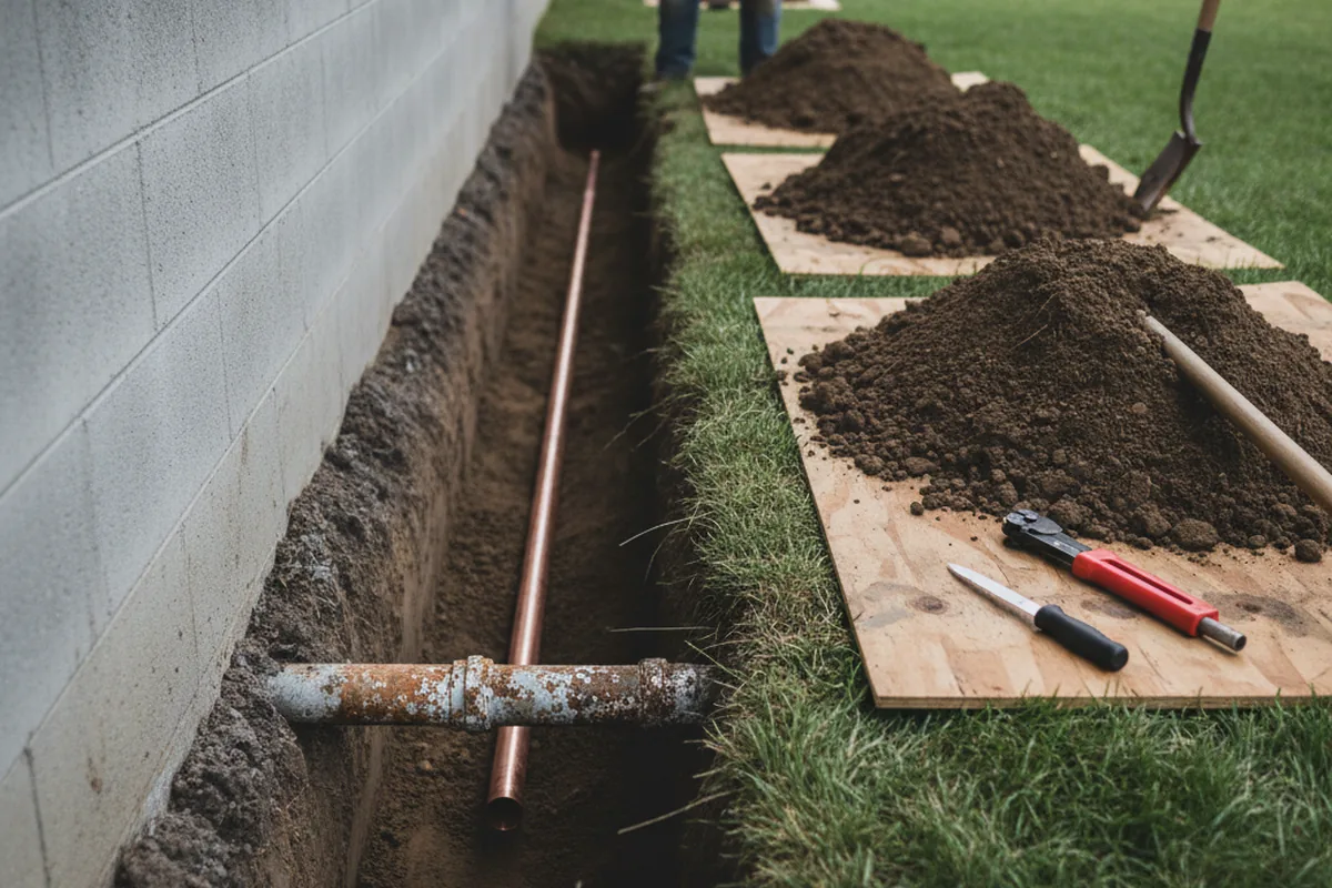 Excavated water line trench during Sewer Line Repair in Malaga